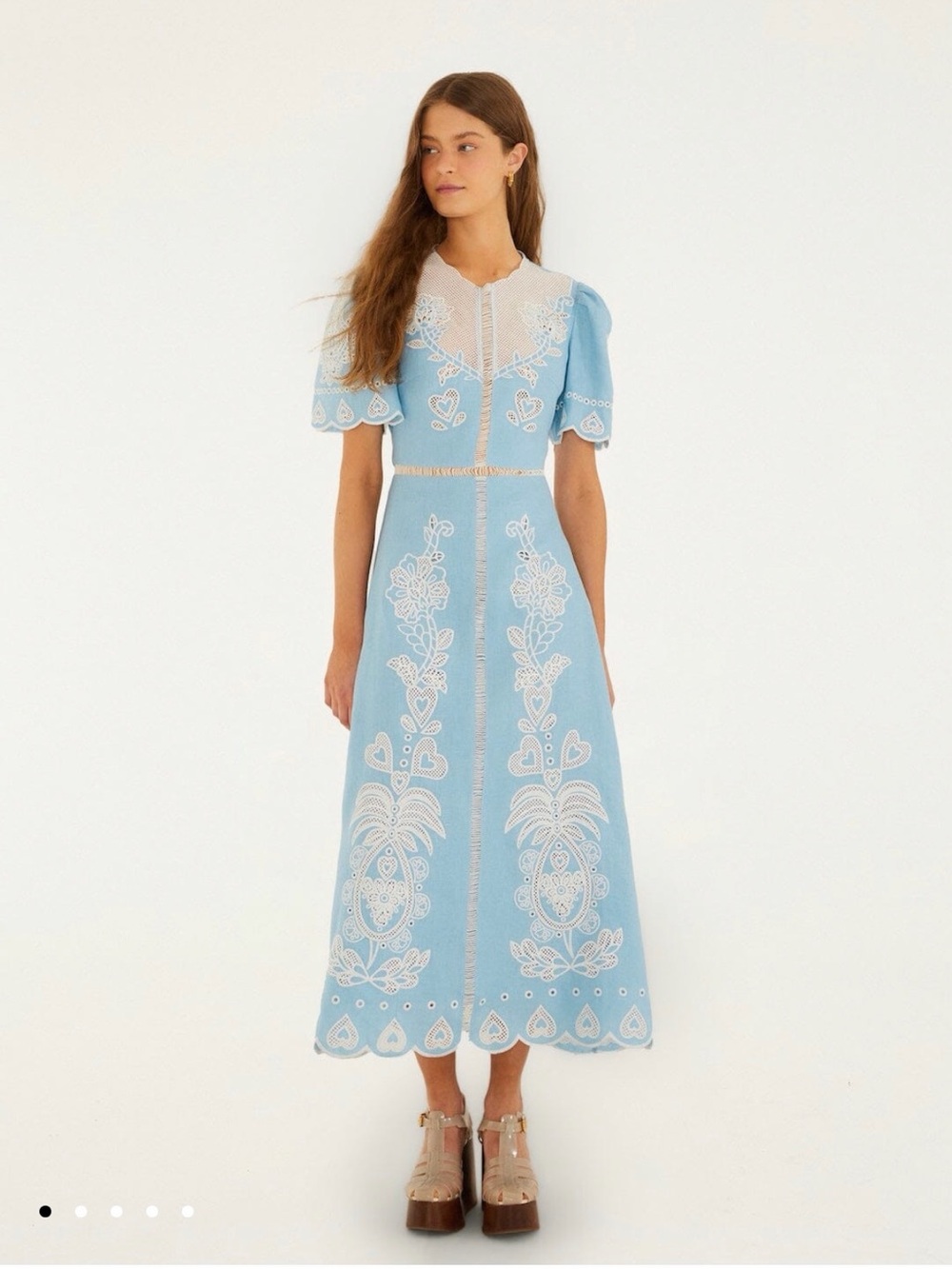 Farm Rio Light Blue Embroiderede Midi Dress